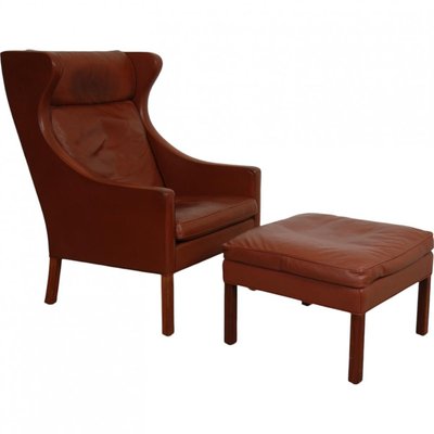 Wing Chair with Ottoman in Brown Leather by Børge Mogensen, 1990s, Set of 2-MTD-2017033