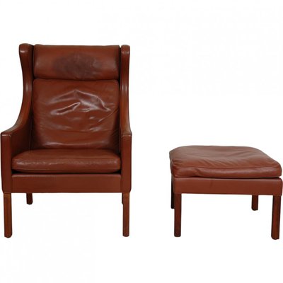 Wing Chair with Ottoman in Brown Leather by Børge Mogensen, 1990s, Set of 2-MTD-2017033