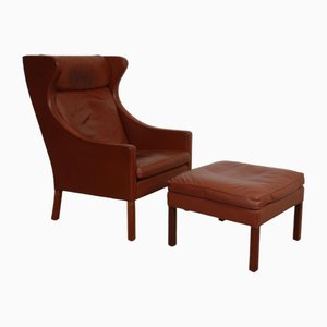 Wing Chair with Ottoman in Brown Leather by Børge Mogensen, 1990s, Set of 2-MTD-2017033