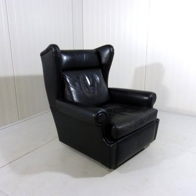 Wingback Chair in Black Leather on Wheels, 1960s-TU-1808068