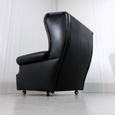 Wingback Chair in Black Leather on Wheels, 1960s-TU-1808068