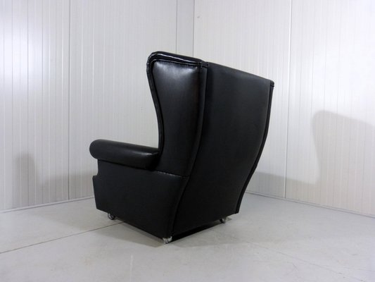 Wingback Chair in Black Leather on Wheels, 1960s-TU-1808068