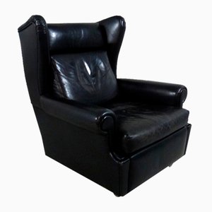 Wingback Chair in Black Leather on Wheels, 1960s-TU-1808068