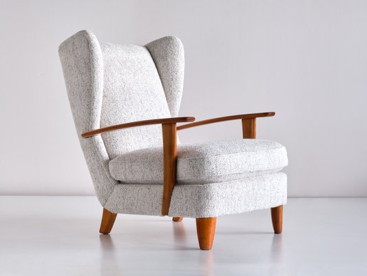 Wingback Chair in Cherry Wood and Mélange Nobilis Fabric by Gio Ponti, Italy, 1929-FMT-1060164