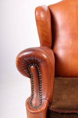 Wingback Chair in Cognac Leather, Denmark, 1940s-FK-1254424