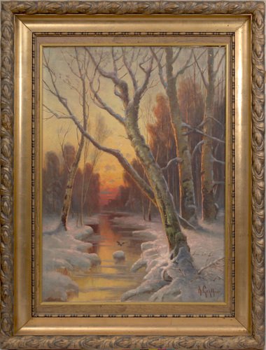 Winter Evening, Oil on Canvas, Early 1900s, Framed