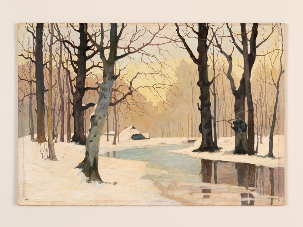 Winter Forest, Early 20th-Century, Oil on Plate, Framed