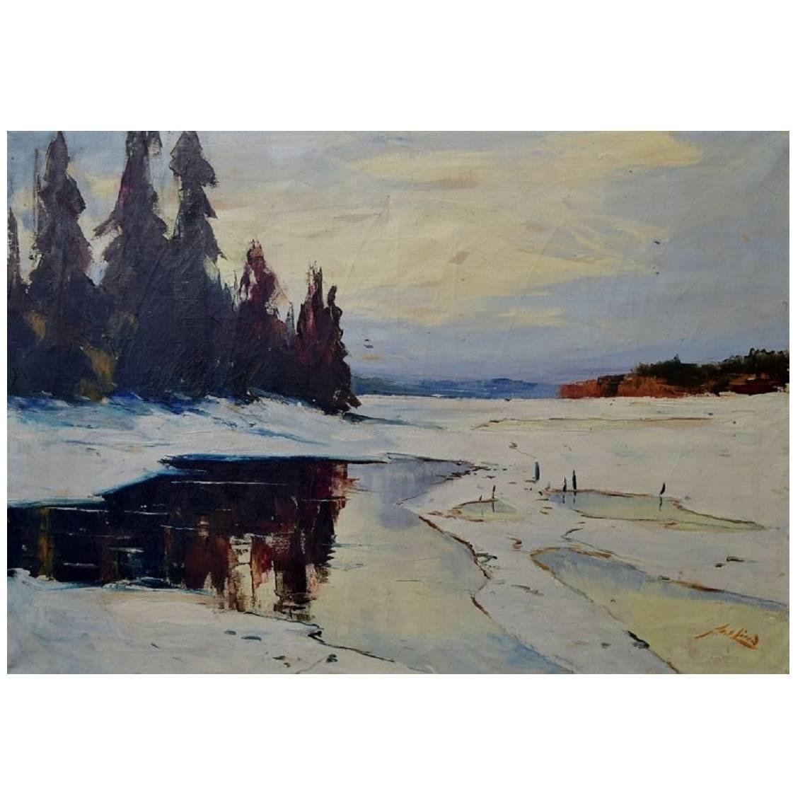 Winter Landscape with Forest Oil on Canvas by Axel Lind, 20th Century