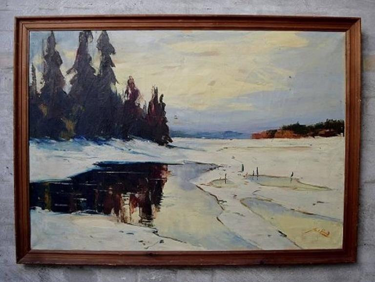 Winter Landscape with Forest Oil on Canvas by Axel Lind, 20th Century