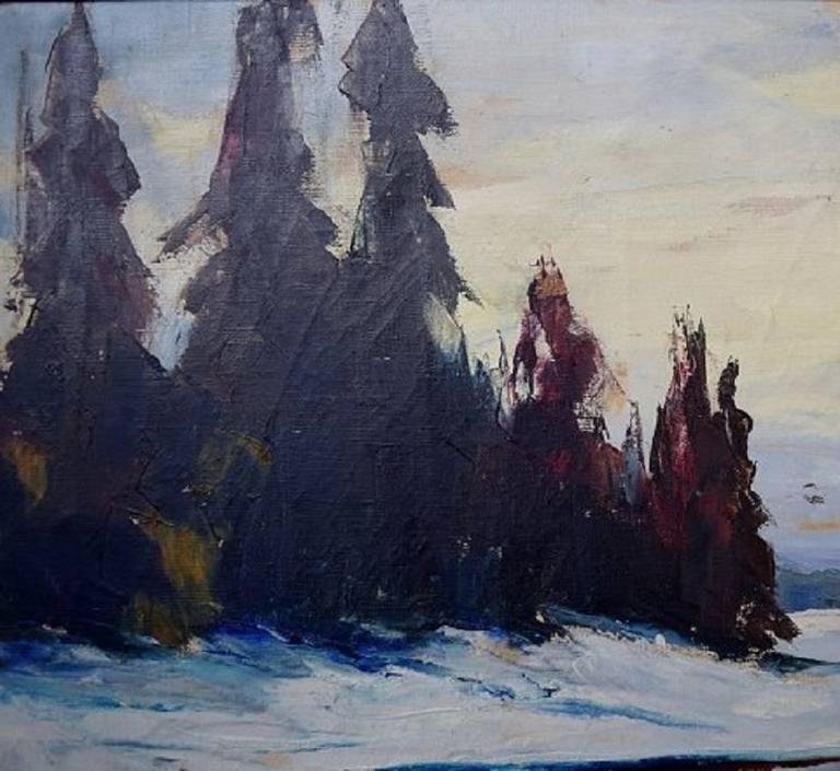 Winter Landscape with Forest Oil on Canvas by Axel Lind, 20th Century