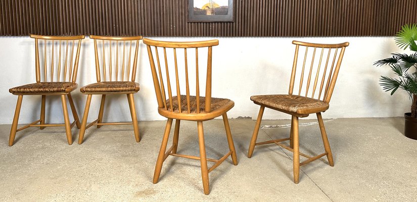 WKS Dining Chairs with Wickerwork Seats by Arno Lambrecht for Wk Möbel, Germany, 1950s, Set of 4-JP-1778622