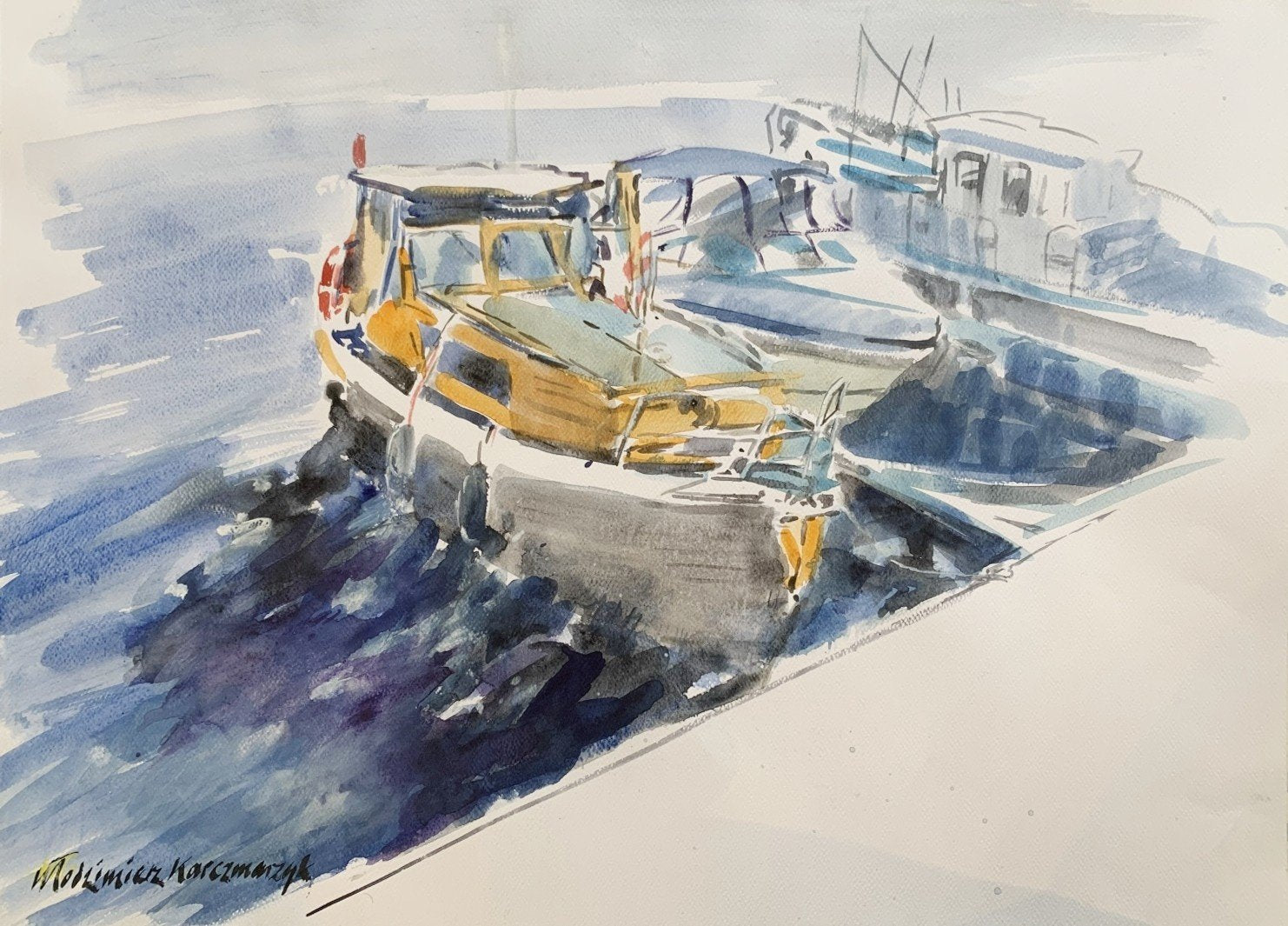 Włodzimierz Karczmarzyk, Sopot, Motorboats by the Pier, 2010, Watercolor