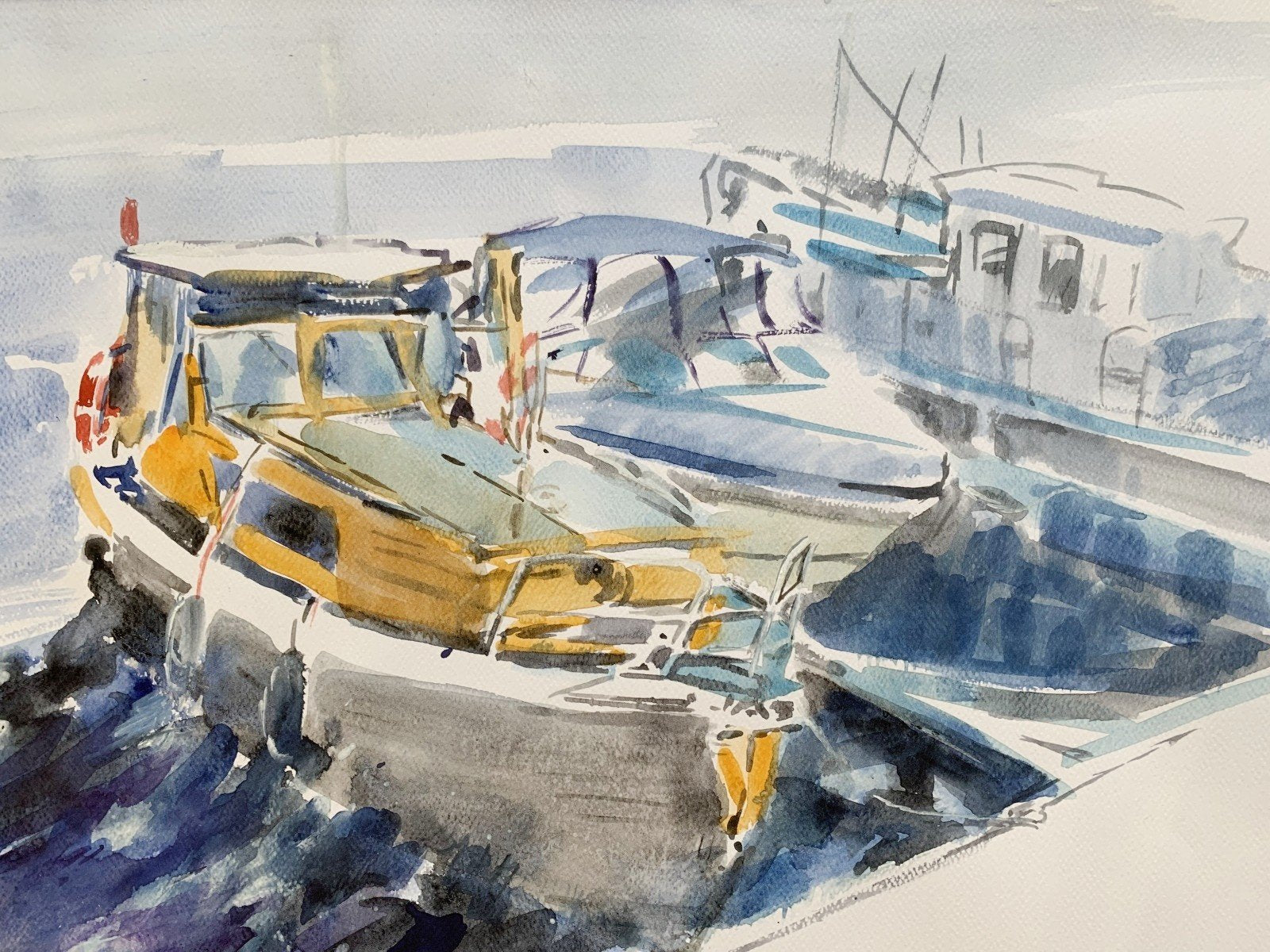 Włodzimierz Karczmarzyk, Sopot, Motorboats by the Pier, 2010, Watercolor