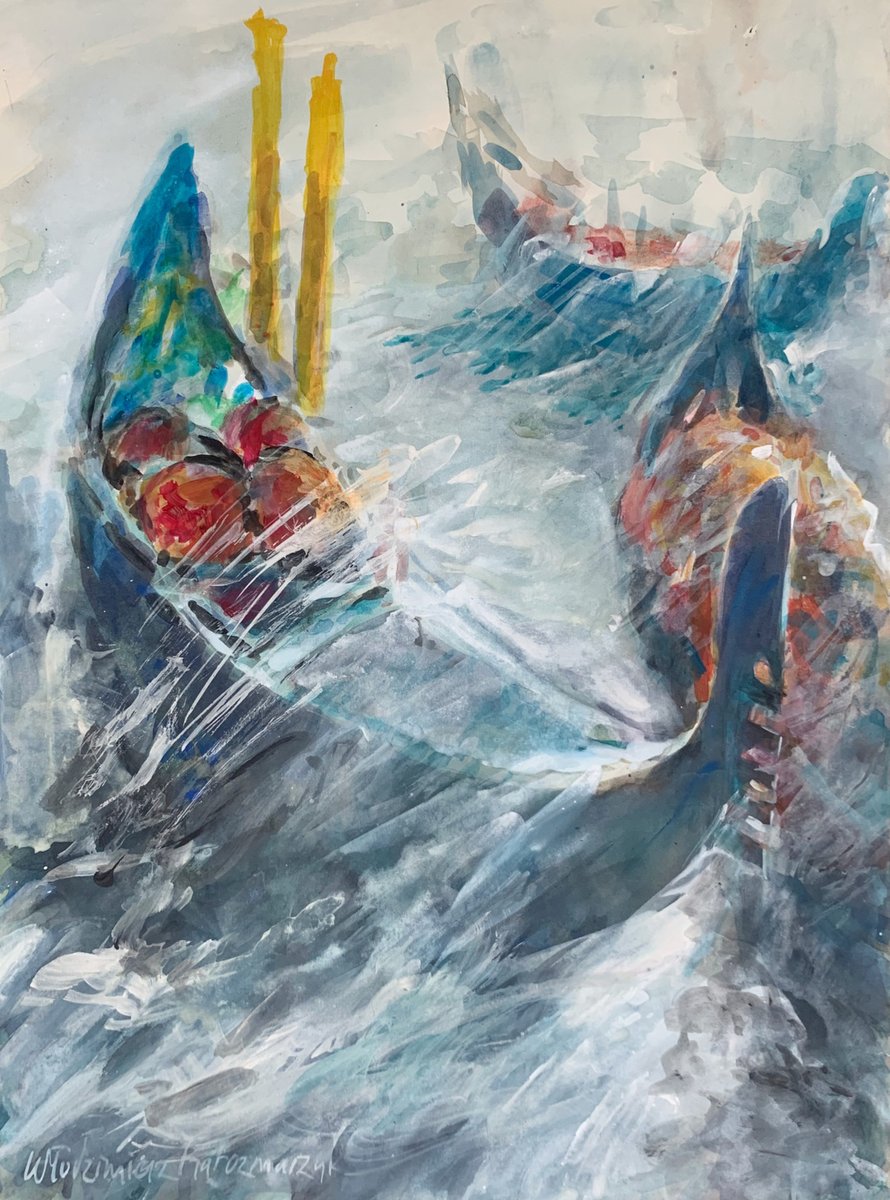 Włodzimierz Karczmarzyk, Venice: Gondolas in the Wind, Acrylic on Paper, 2000