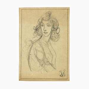 Woman Bust - Pencil on Paper by A. Mérodack-Jeanneau Late 19th Century-ZCI-761846