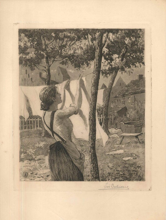 Woman Hanging Laudry - Original Etching by L. Desbuissons - 1904 1904