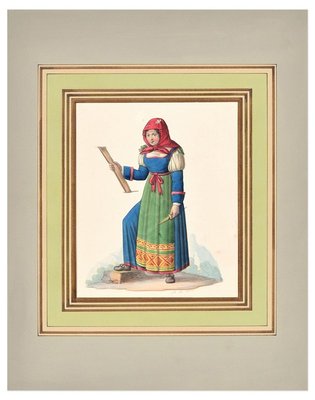 Woman in Costume - Original Ink Watercolor by M. De Vito - Early 1800 Early 19th Century-ZCI-757338