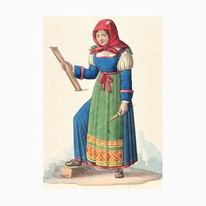 Woman in Costume - Original Ink Watercolor by M. De Vito - Early 1800 Early 19th Century-ZCI-757338