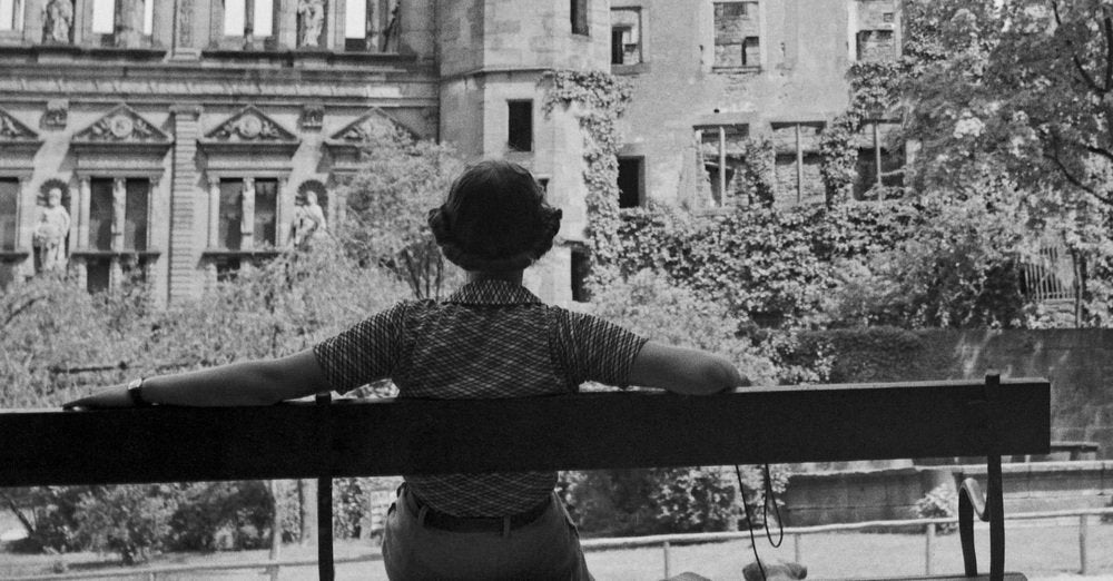 Woman on Bench in Front of Heidelberg Castle, Germany 1936, Printed 2021