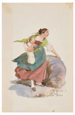 Woman - Original Ink Drawing and Watercolor by G. Dura - 19th Century 19th Century-ZCI-757331