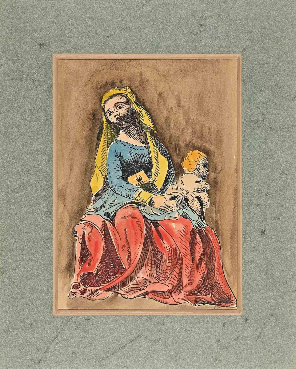 Woman with Child, Original Drawing, Mid 20th-Century