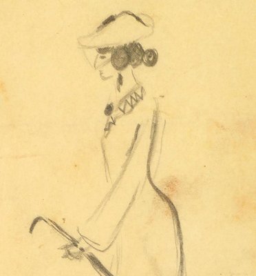 Woman with Umbrella - Charcoal Drawing on Paper by A. Mérodack-Jeanneau Late 19th Century-ZCI-761963