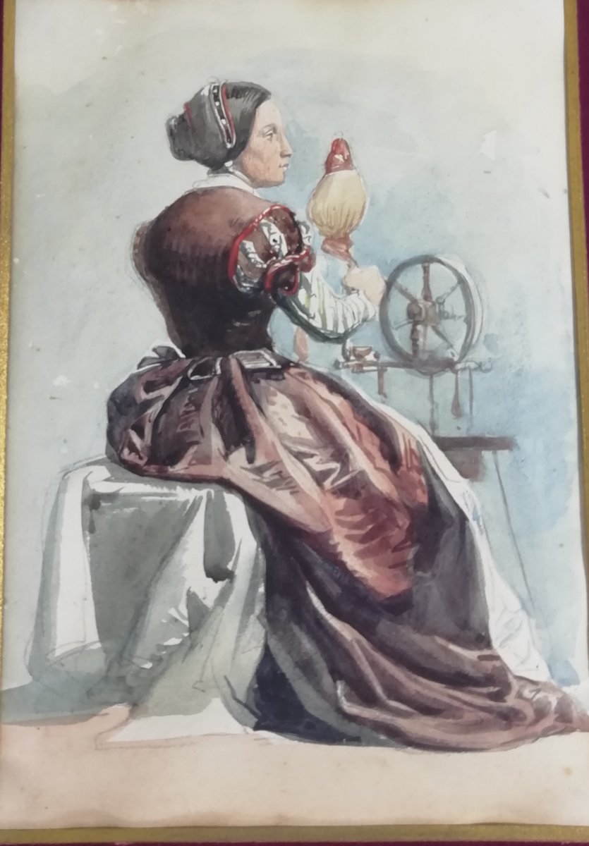 Woman Working at the Spinning Wheel, Late 19th Century, Watercolour