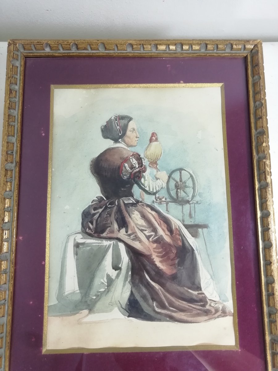 Woman Working at the Spinning Wheel, Late 19th Century, Watercolour