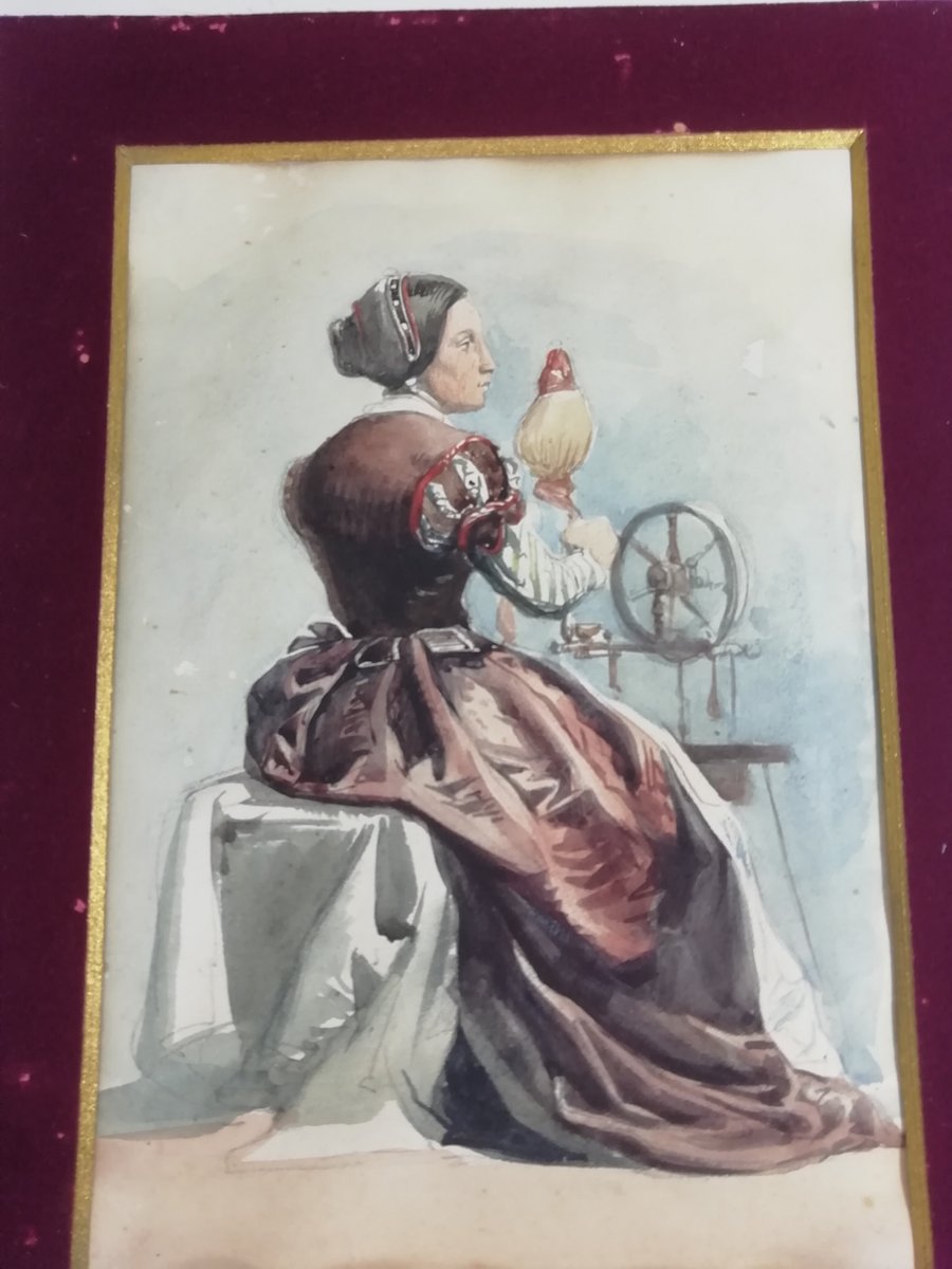 Woman Working at the Spinning Wheel, Late 19th Century, Watercolour