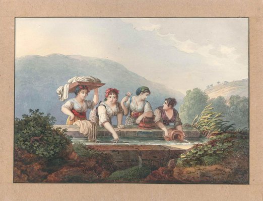 Women at the Source - Watercolor by an Italian School Artist of 19th Century Mid 19th Century-ZCI-759798