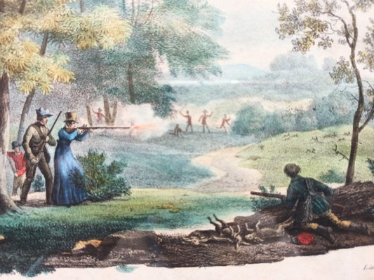 Womens Shooting Lesson, France, 19th-Century, Lithograph, Frame-FSD-1098210