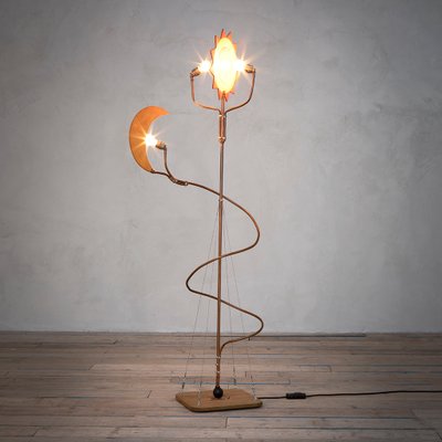 Wood and Brass Floor Lamp with Sun and Moon-Shaped Diffusers in the Style of Cordon Tones, 1980s-FWM-1100912