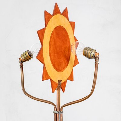 Wood and Brass Floor Lamp with Sun and Moon-Shaped Diffusers in the Style of Cordon Tones, 1980s-FWM-1100912