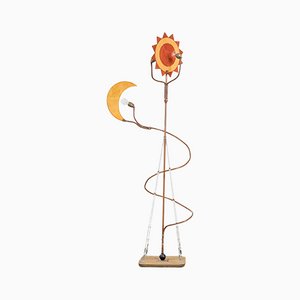 Wood and Brass Floor Lamp with Sun and Moon-Shaped Diffusers in the Style of Cordon Tones, 1980s-FWM-1100912