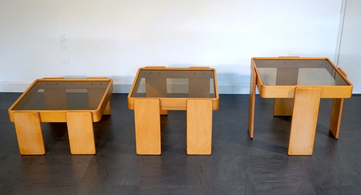 Wood and Glass Coffee Tables by Gianfranco Frattini for Cassina, 1960s, Set of 3-CIP-2035743