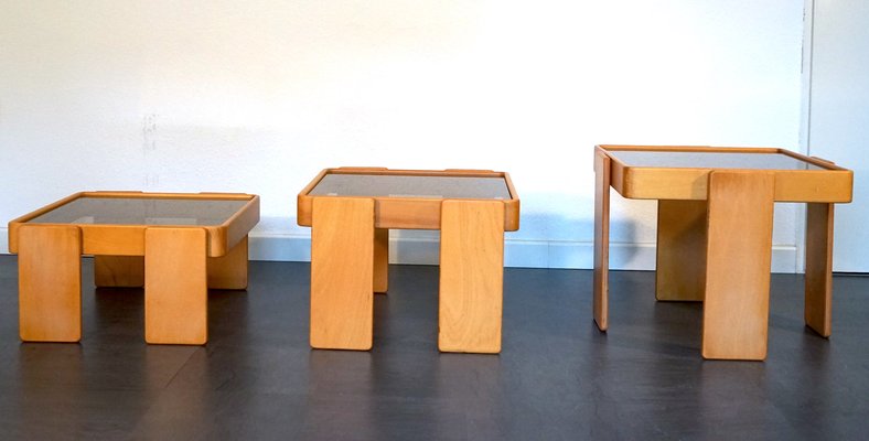 Wood and Glass Coffee Tables by Gianfranco Frattini for Cassina, 1960s, Set of 3-CIP-2035743