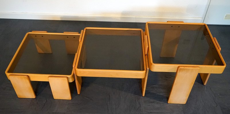 Wood and Glass Coffee Tables by Gianfranco Frattini for Cassina, 1960s, Set of 3-CIP-2035743