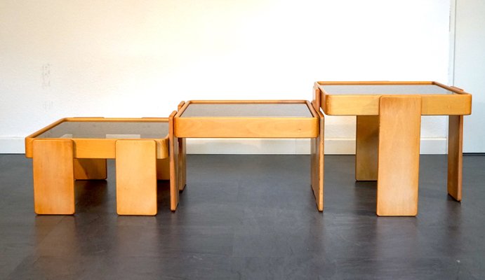 Wood and Glass Coffee Tables by Gianfranco Frattini for Cassina, 1960s, Set of 3-CIP-2035743