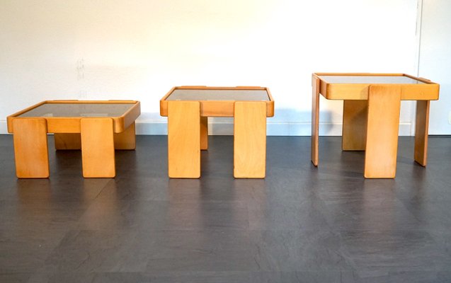 Wood and Glass Coffee Tables by Gianfranco Frattini for Cassina, 1960s, Set of 3-CIP-2035743