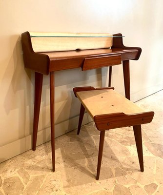 Wood and Glass Dressing Table and Stool attributed to Vittorio Dassi, Italy, 1950s, Set of 2-TKR-1819458