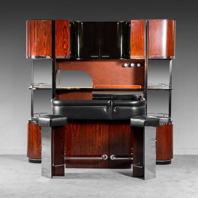 Wood and Leather Bar Cabinet with Stools, 1970s, Set of 3-ZLY-1304768