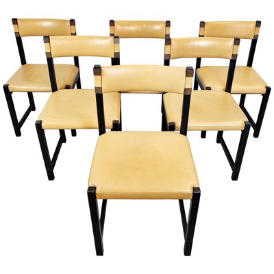 Wood and Leather Chairs, 1970s, Set of 6-FGA-923343