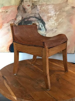 Wood and Leather Stool, Netherlands, 1930s-DVX-1186348