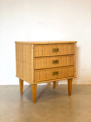 Wood and Wicker Bedside Chest of Drawers, 1970s-NPC-1279659