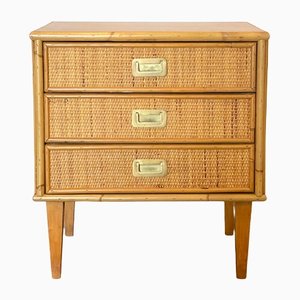 Wood and Wicker Bedside Chest of Drawers, 1970s-NPC-1279659