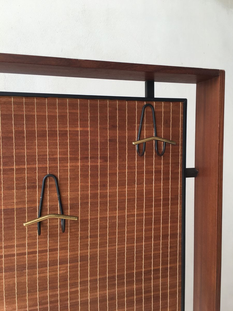 Wood & Balsa Coat Rack with Hooks in Black Iron & Brass, 1950s