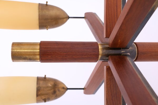 Wood, Brass, and Glass Ceiling Lamp, 1950s-SXX-717376