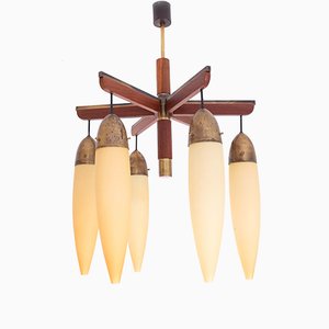 Wood, Brass, and Glass Ceiling Lamp, 1950s-SXX-717376