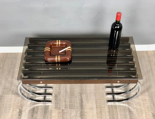 Wood, Chrome & Smoked Glass Side Coffee Table, Italy, 1970s-LYQ-1171766