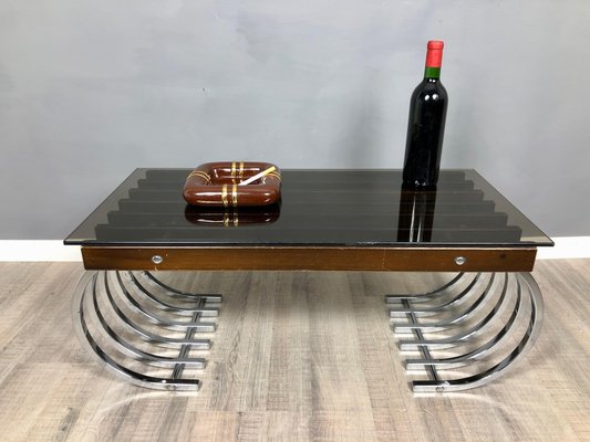 Wood, Chrome & Smoked Glass Side Coffee Table, Italy, 1970s-LYQ-1171766